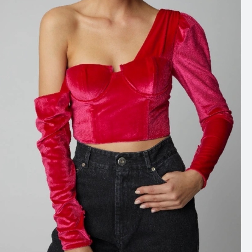 SELF-PORTRAIT One-shoulder Velvet Crop Top in pink size 2